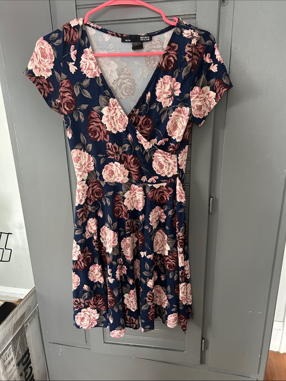 Floral Wrap Navy and Pink Fit-&-Flare Dress